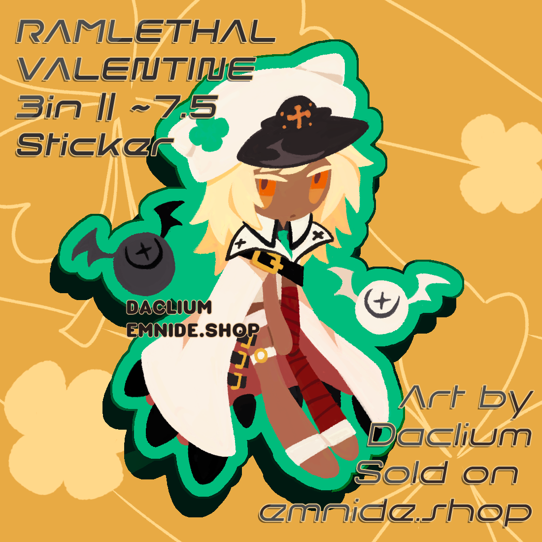 Sticker design of Ramlethal from Guilty Gear in a cartoony, chibi art style. Green sticker border.
