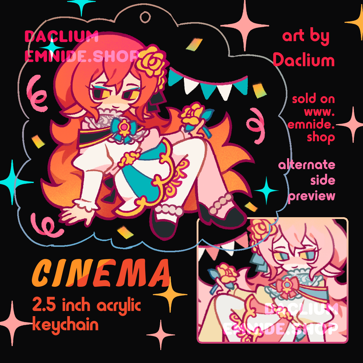Clear acrylic charm mockup. The design features an original character with a circus theme outfit and long hair; one side features an orange palette, the other side features a soft pink palette.