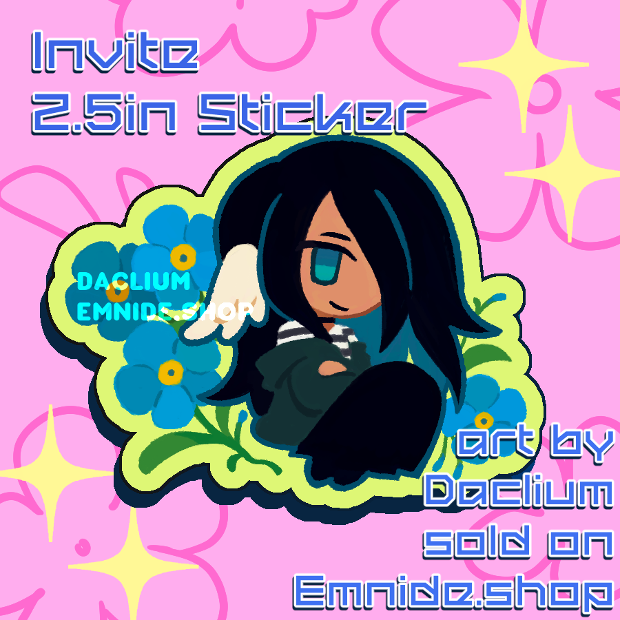 Sticker design of a cartoon character sitting, surrounded by blue flowers. The border is neon green-yellow.
